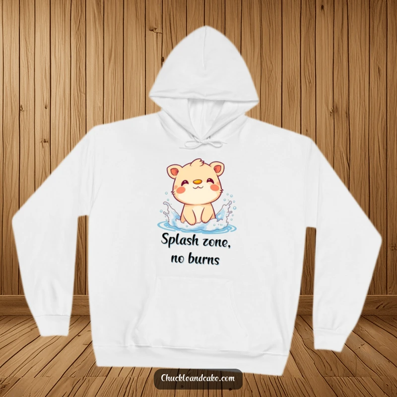 Funny hoodie showing a cheerful animal with sunscreen on its nose, energetically splashing in the sea.