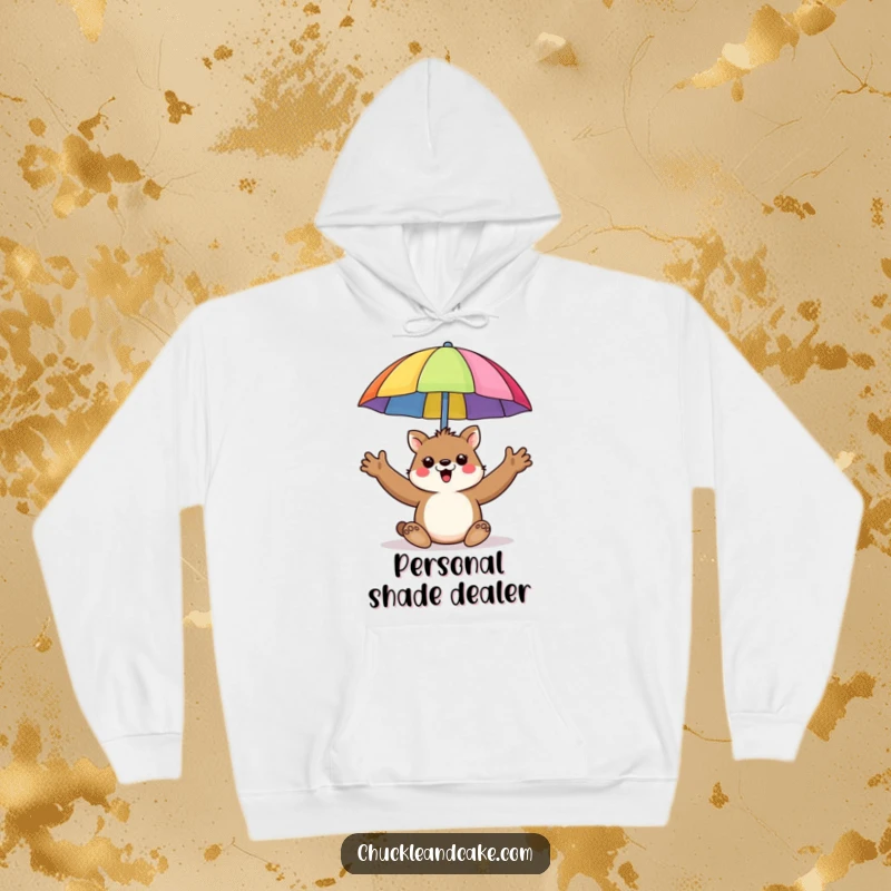 Funny hoodie showing a cheerful animal enthusiastically holding up a colorful beach umbrella.