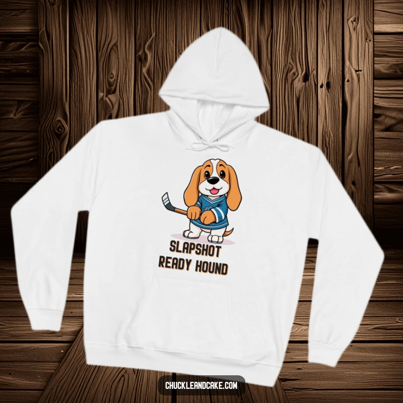 Funny Basset Hound wearing a hockey jersey and holding a miniature stick, ready for action on a warm hoodie.