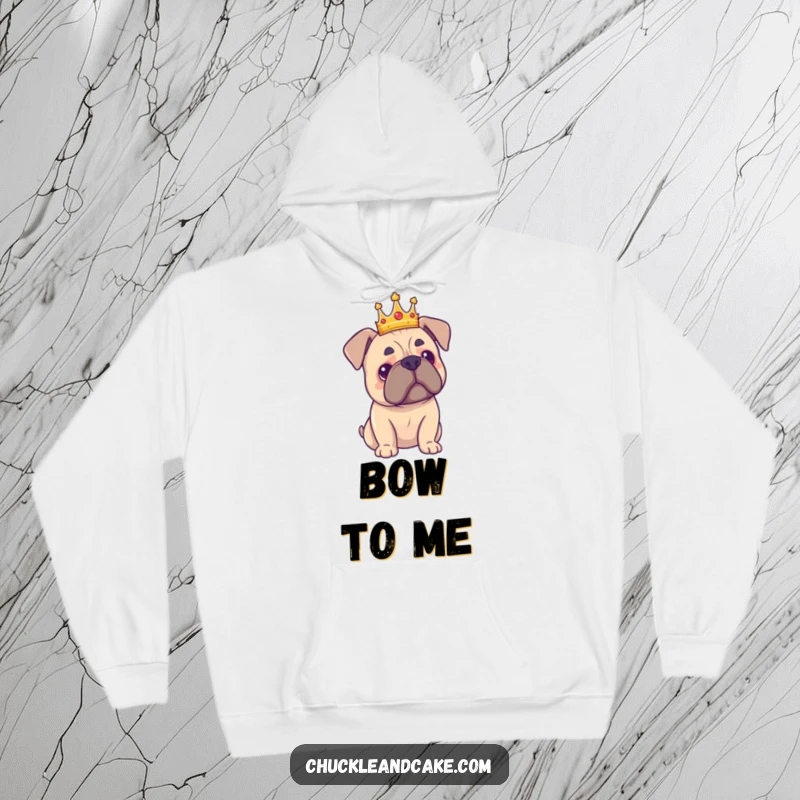 Funny Bullmastiff hoodie depicting a proud dog wearing a miniature crown, radiating majestic and humorous vibes.