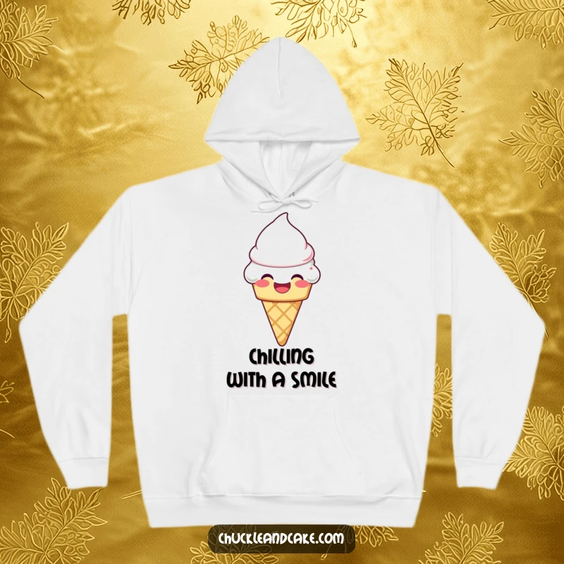 Funny laughing ice cream cone with frosting melting slightly on a hoodie, radiating warmth and sweet humor.