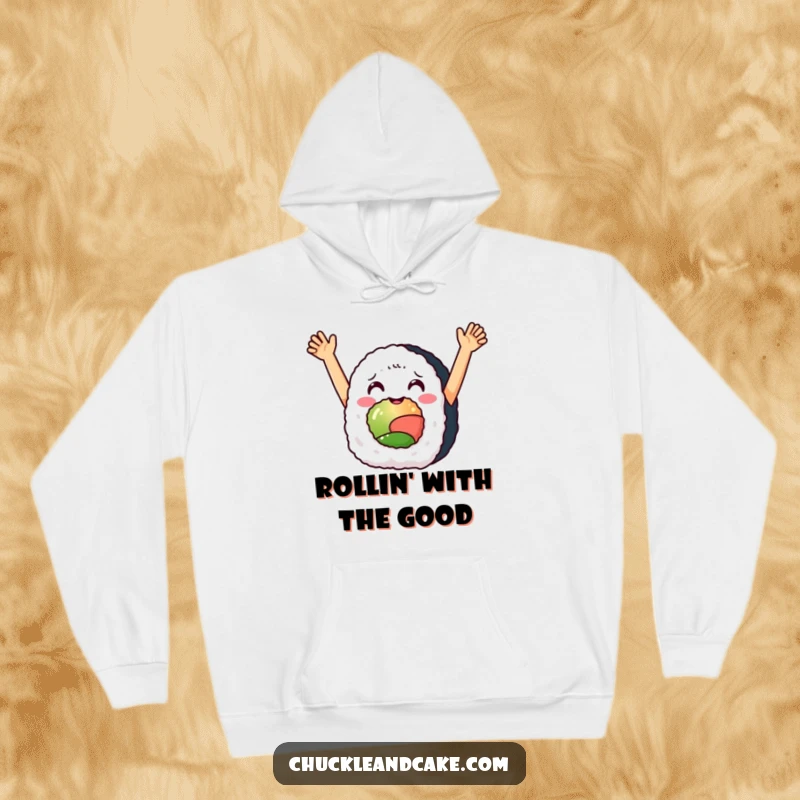 Funny hoodie with a delighted sushi roll raising its arms in triumph, offering cozy warmth and a festive feel.