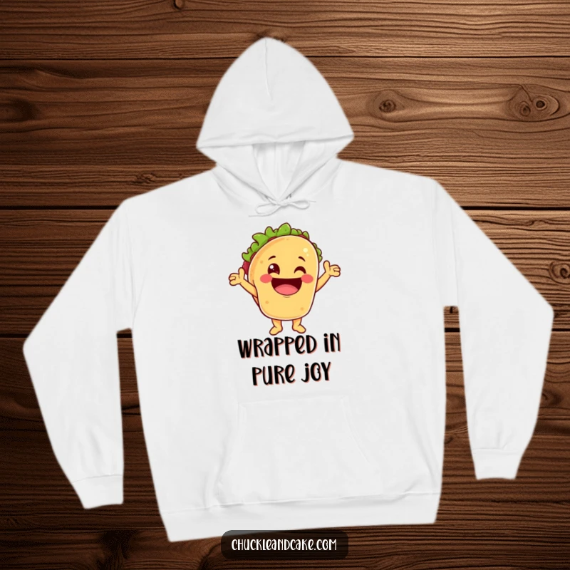 Funny hoodie with a taco character grinning widely and cheering, offering cozy warmth and a dose of Mexican flair.