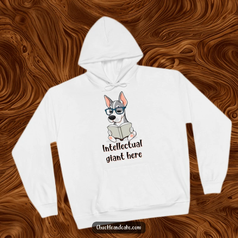 Funny Grand Dane Glasses Hoodie: A Grand Dane wearing tiny glasses reads a book intently, showcasing a love for literature.