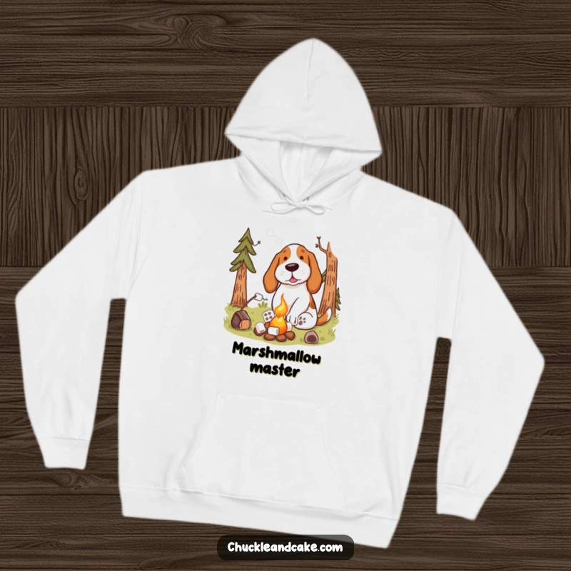 Funny Basset Hound Hoodie enjoying a campfire and toasting marshmallows, perfect for cozy nights and outdoor adventures.