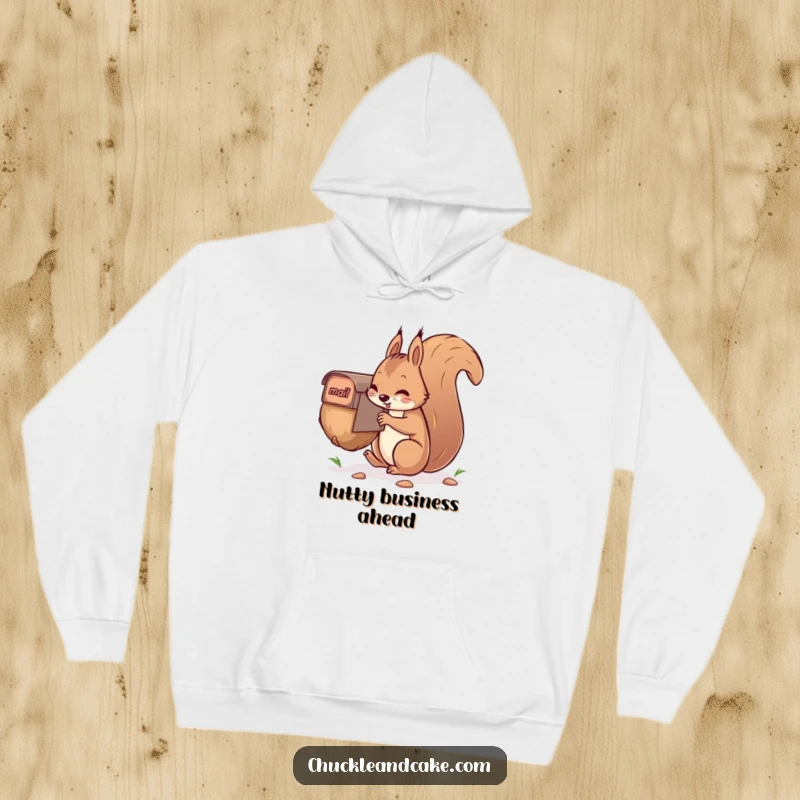 Funny squirrel hoodie, engaged in the comical task of mailing a giant nut, with a focused and funny demeanor.