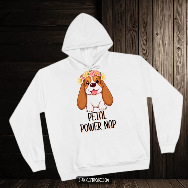 Funny Basset Hound Hoodie with droopy ears and a flower crown, smiling, offering cozy humor for dog lovers.