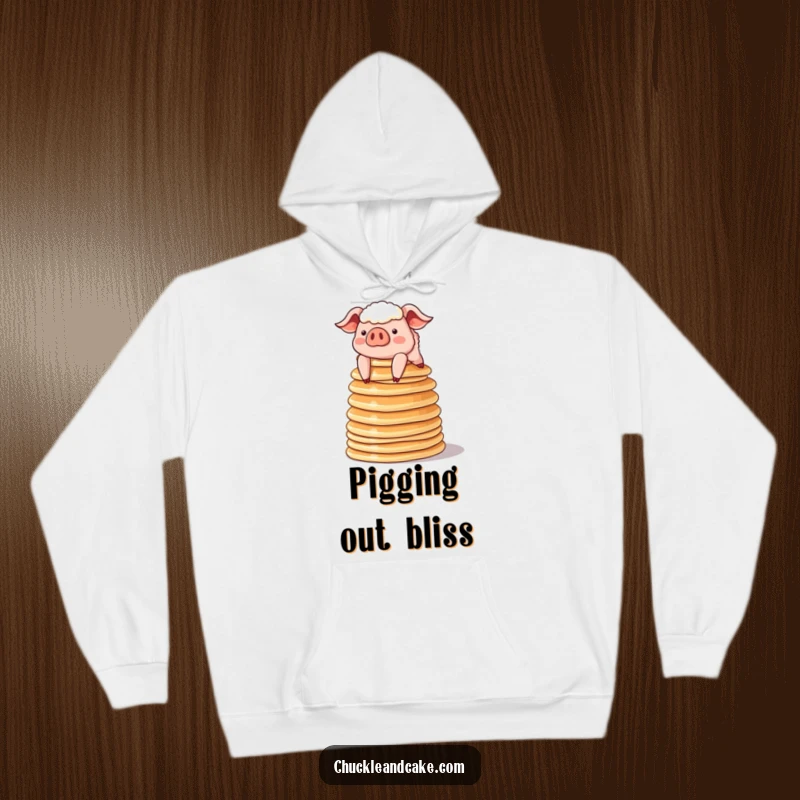 Funny sheepish pig precariously balancing a stack of pancakes on a warm hoodie, perfect for cozy and humorous mornings.