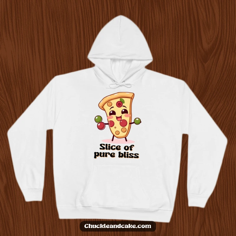 Funny hoodie featuring a giggling pizza slice juggling olives with its crust, offering warmth and hilarious pizza-themed fun.