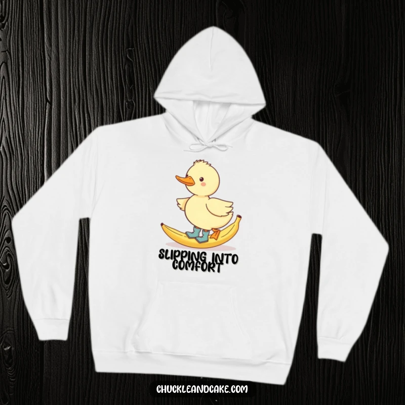 Funny duck in tiny boots, slipping on a banana peel, a warm humorous hoodie.