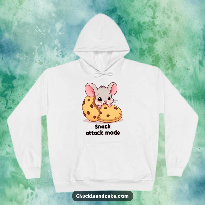Funny mouse hoodie, cozy fleece with a mischievous mouse sneaking a giant cookie, warm winter apparel, cute animal humor, perfect funny gift.