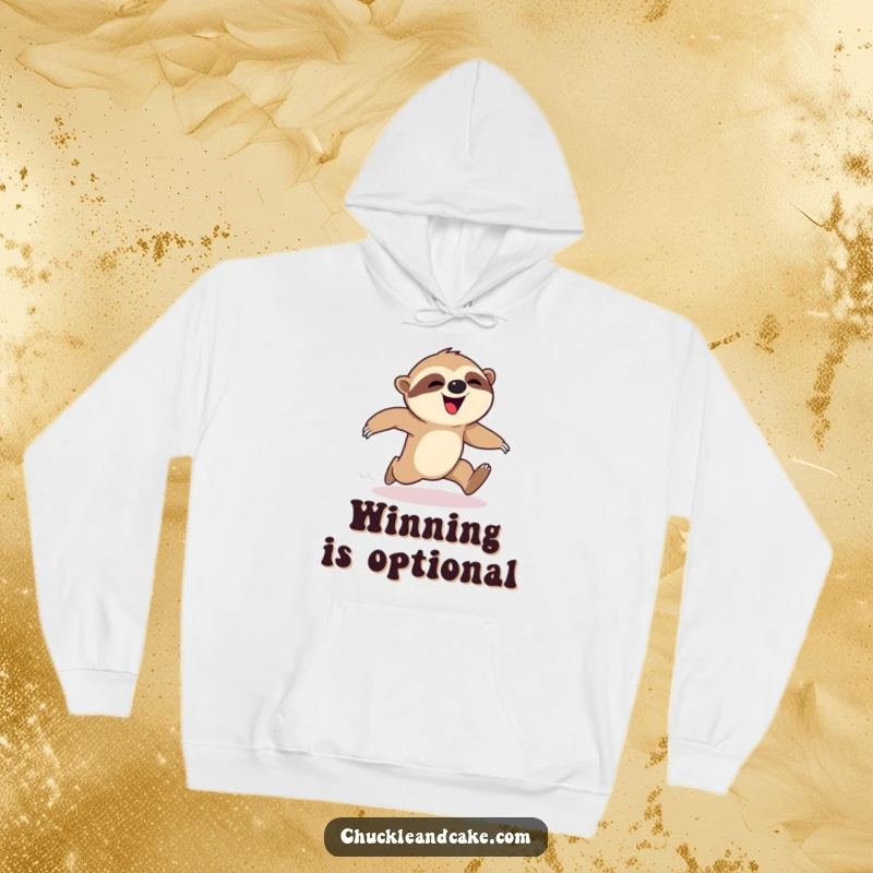 Funny sloth hoodie, soft fleece featuring a happy sloth falling during a race, humorous loungewear, cute animal comfort, perfect funny gift.