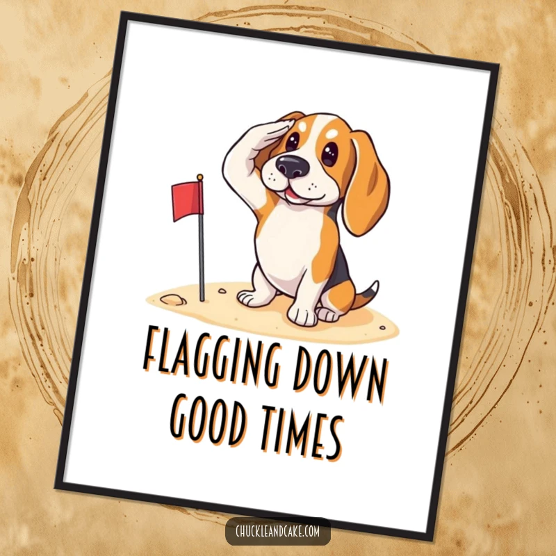Funny Free Printable Wall Art: A Basset Hound stands proudly saluting with a small flag on a sandy beach.