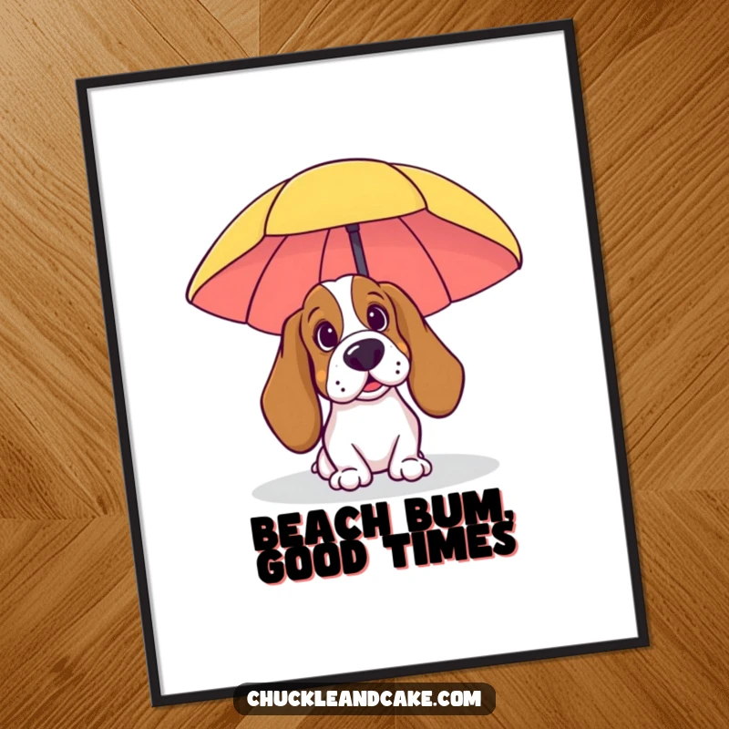 Funny Free Printable Wall Art: A Basset Hound peeks playfully from behind a beach umbrella, enjoying a sunny day.