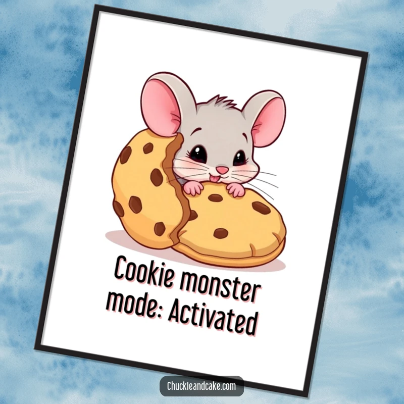 Funny free printable wall art: A determined mouse embarking on a daring mission to steal a gloriously large cookie, perfect for kitchen humor.