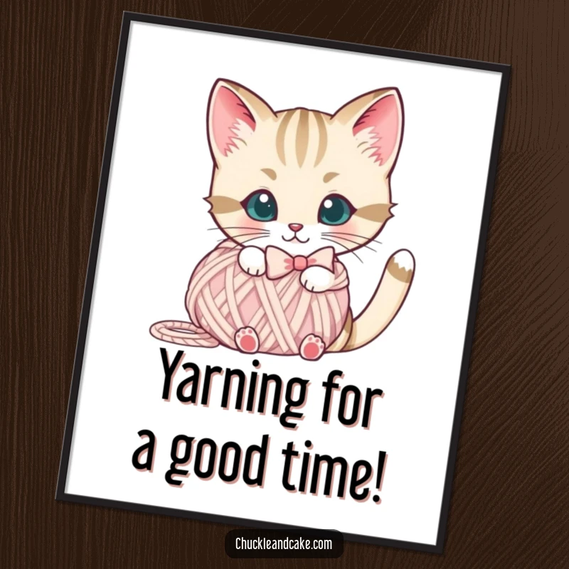 Free Printable Wall Art: A curious Bobtail cat wearing a bow peeks from behind a ball of yarn.