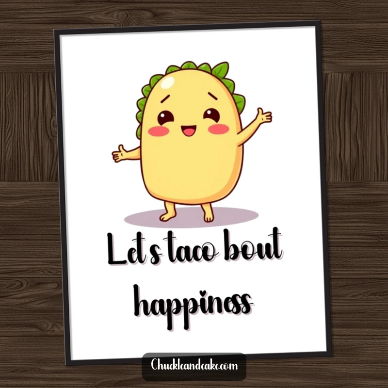 Funny Free Printable Wall Art: A chuckling taco dances with a lime as a partner, bringing vibrant fiesta energy.