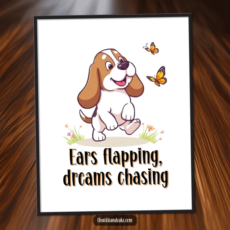 Funny Free Printable Wall Art: A Basset Hound with exceptionally droopy ears gleefully chases a butterfly, capturing pure canine joy.