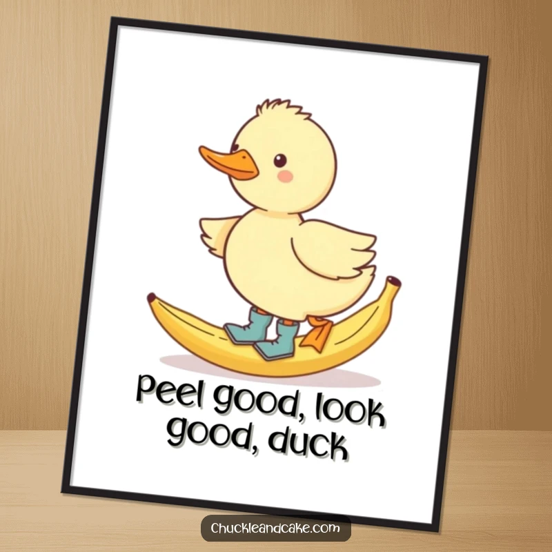 Funny Free Printable Wall Art: A duck in boots hilariously slips on a banana peel, a classic comedic scene for your wall.