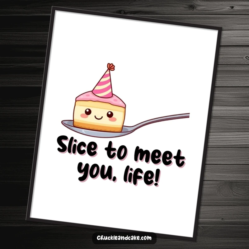 Funny Free Printable Wall Art: A smiling cake slice wearing a tiny party hat, humorously balanced on a spoon.