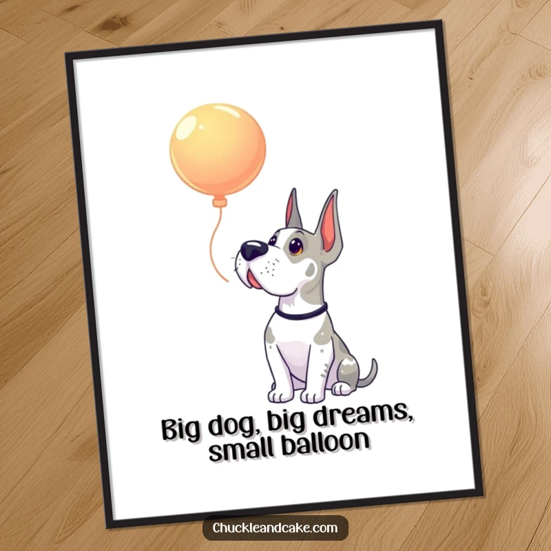 Free Printable Wall Art: Adorable Grand Dane staring up in wonder at a solitary floating balloon, playful decor.
