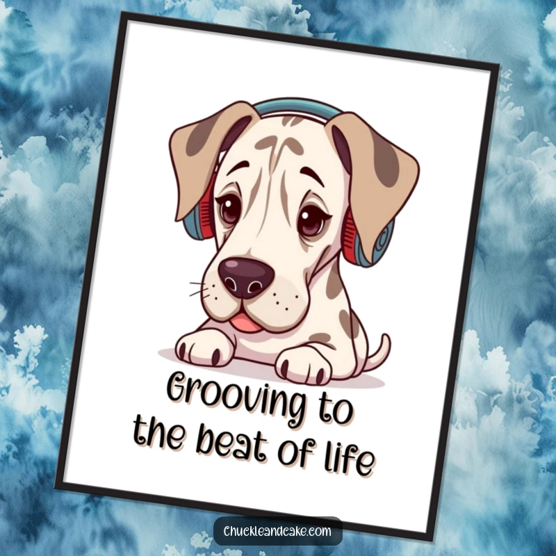 Free Printable Wall Art: A Grand Dane wearing cozy ear warmers, lost in the rhythm of the music, cool and relaxed.