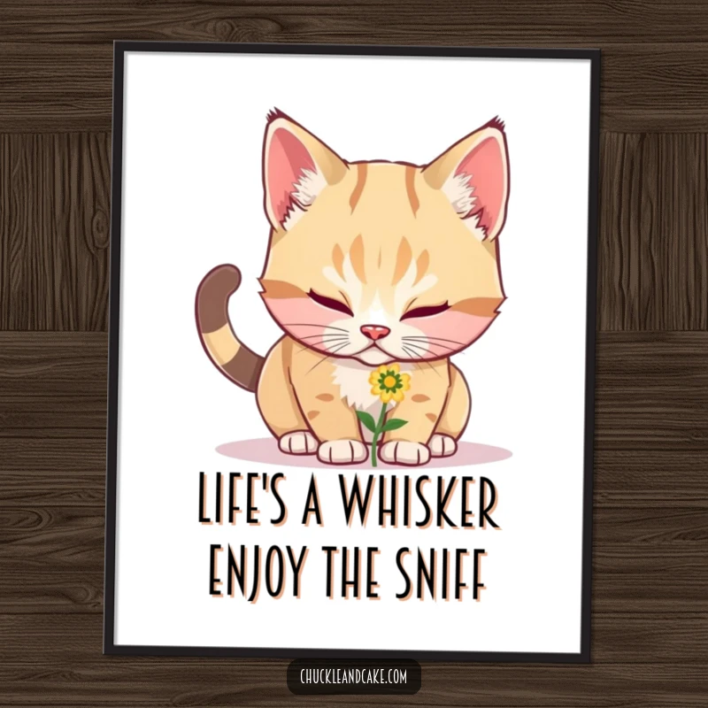 Funny Free Printable Wall Art: A charming bobtail cat engrossed in sniffing a tiny, vibrant flower, adding playful decor.