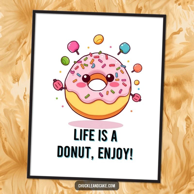 Funny Free Printable Wall Art: A joyful donut with sprinkles juggling colorful candies. Deliciously fun decor!