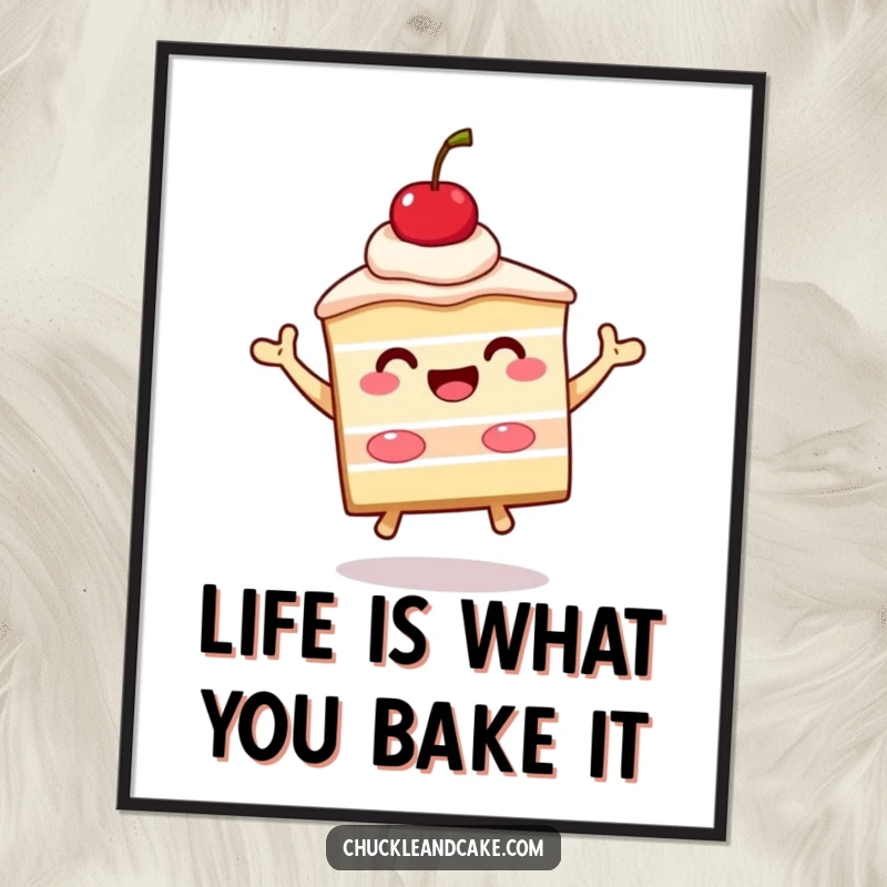 Funny Free Printable Wall Art: a beaming slice of cake with a cherry on top is jumping enthusiastically.