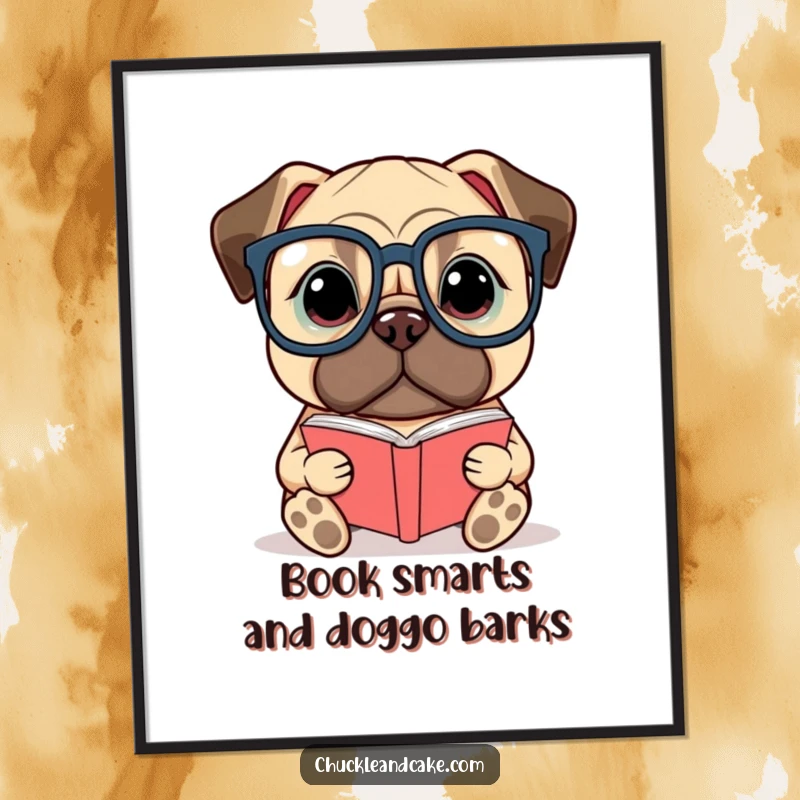 Funny Free Printable Wall Art of a Bullmastiff wearing oversized glasses, engrossed in reading a tiny book, perfect for a witty home.