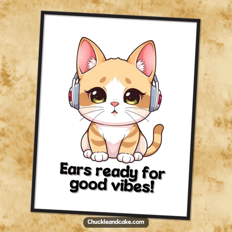 Funny Free Printable Wall Art: A Bobtail cat wearing small ear warmers, listening with intense, cute focus.
