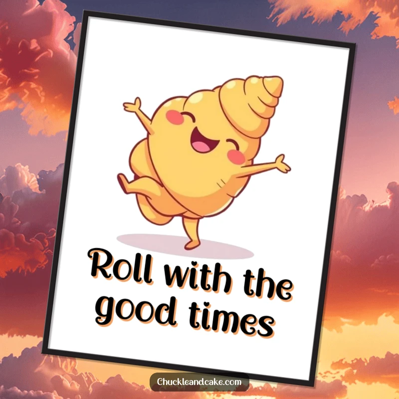 Funny free printable wall art: A laughing croissant masterfully executing a cartwheel, bringing dynamic energy and bakery humor to decor.
