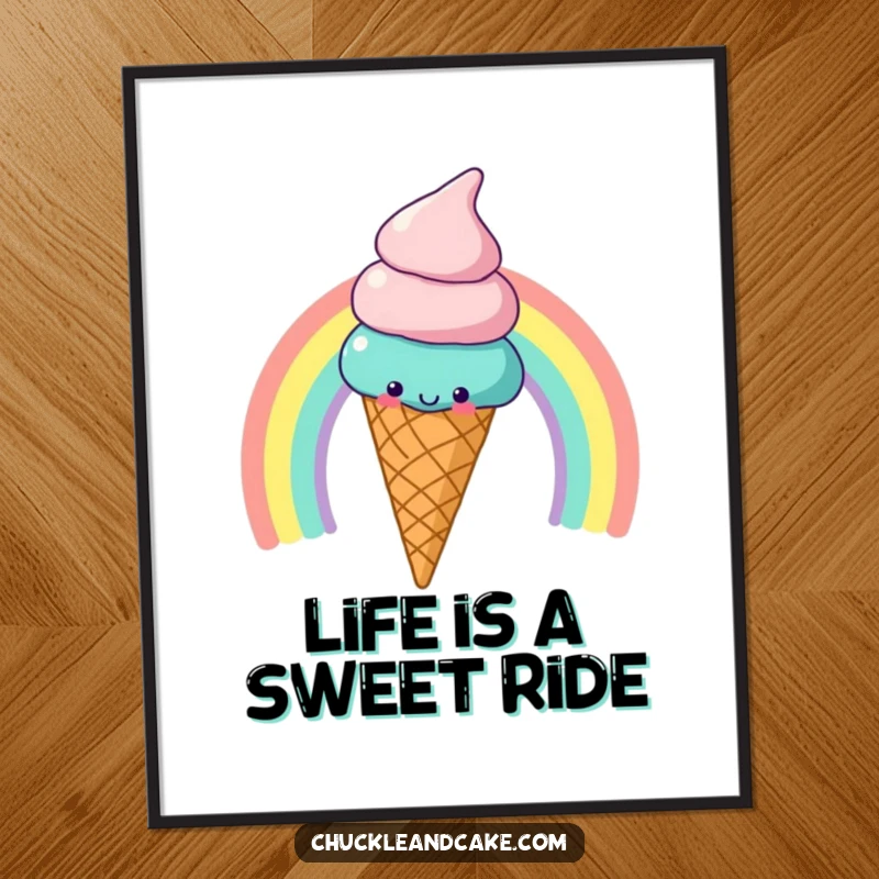 Funny Free Printable Wall Art: A cheerful ice cream cone gleefully slides down a vibrant, magical rainbow.