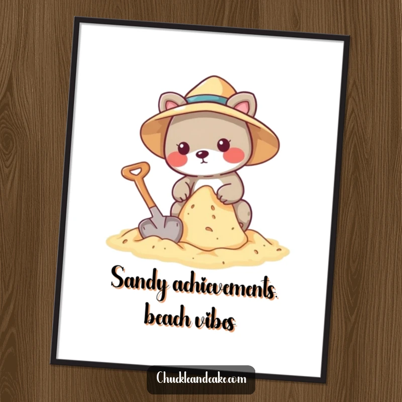 Funny Free Printable Wall Art: Animal in a sun hat intently building a sandcastle with a shovel, looking proud and cheerful.