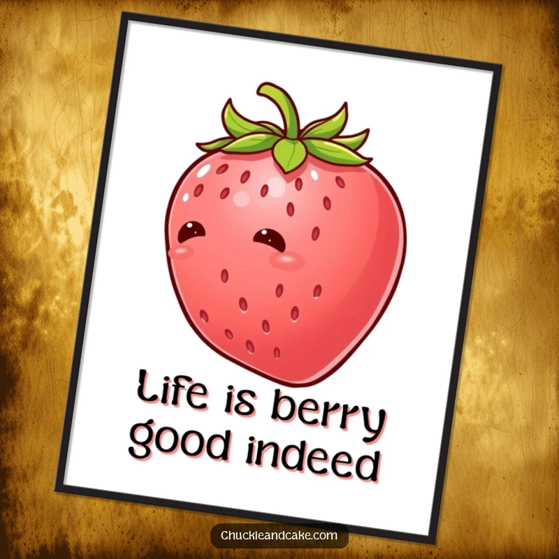 Funny Free Printable Wall Art: A tickled strawberry with leaves is giggling uncontrollably, bringing joy to any room.