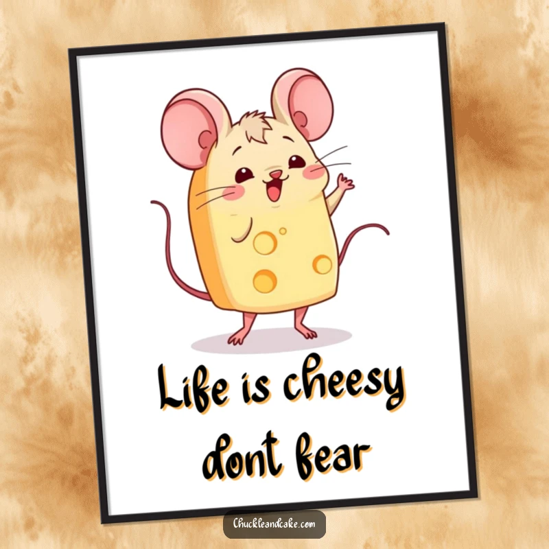 Funny Free Printable Wall Art: a wiggling slice of cheese with mice ears joyfully performs a jig.