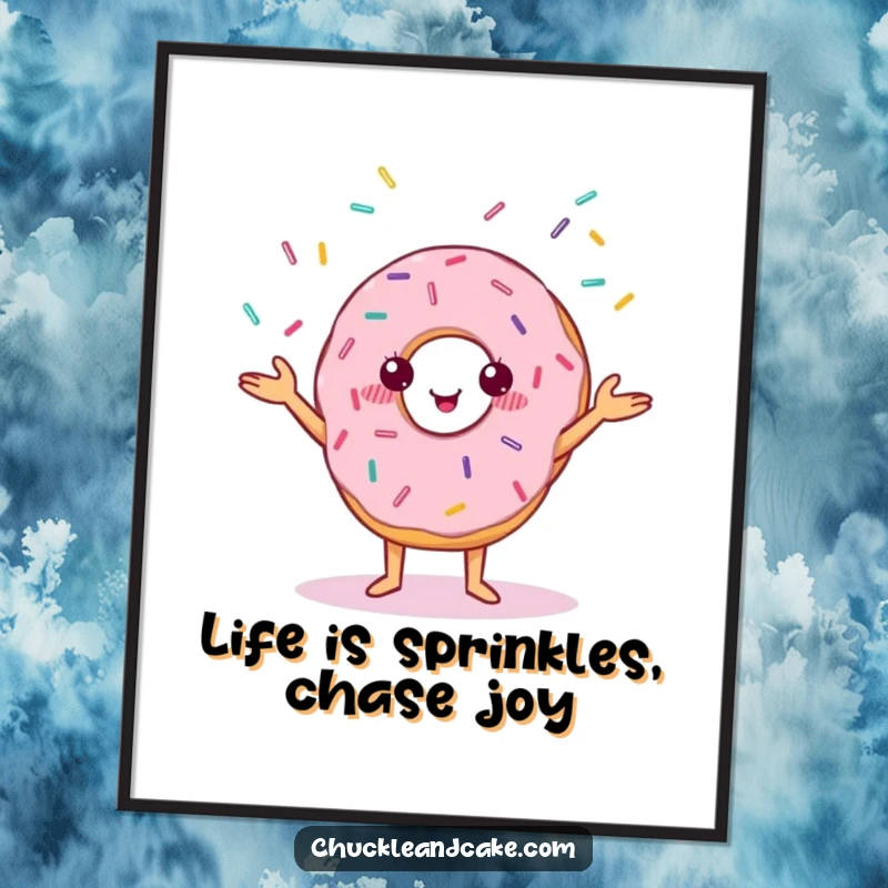 Funny Free Printable Wall Art: Cheerful Anthropomorphic Donut with Small Eyes Skillfully Juggling Colorful Sprinkles, Quirky Decor