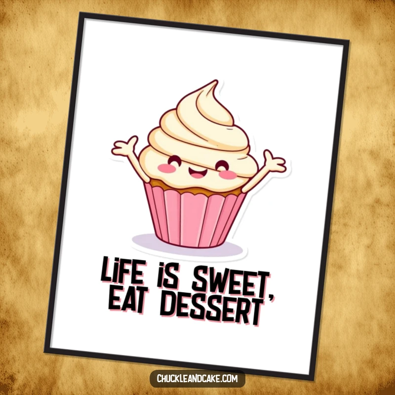 Funny Free Printable Wall Art: Stylized Happy Cupcake with Frosting Arms Outstretched Spinning in a Merry Dance, Sweet Decor