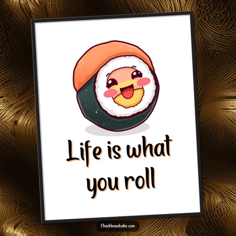 Funny Free Printable Wall Art: A beaming sushi roll spins happily on its side, creating a joyful and dynamic visual.