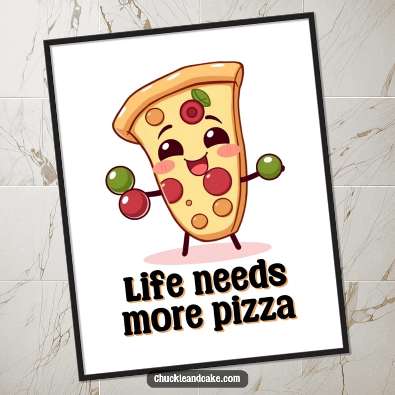 Funny Free Printable Wall Art: A giggling pizza slice juggles olives with its crust, creating a playful and dynamic scene.