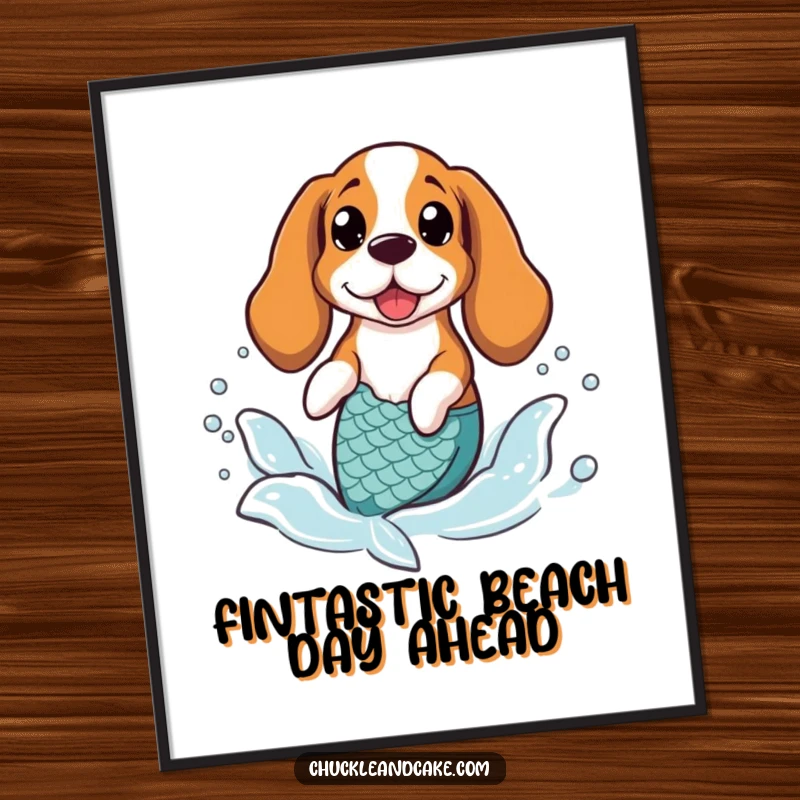 Funny Free Printable Wall Art: A Basset Hound adorned in a mermaid tail splashes joyfully in gentle ocean waves.