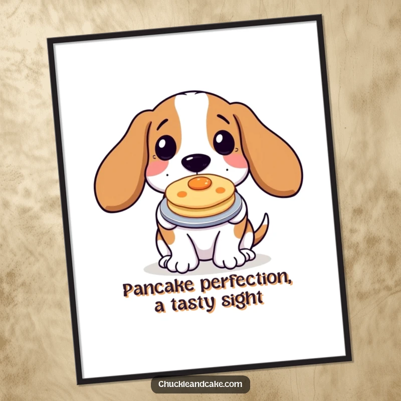 Funny Free Printable Wall Art: A proud Basset Hound holding up a single, delectable pancake, perfect for kitchens.