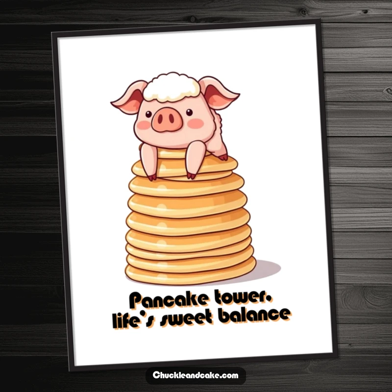 Funny Free Printable Wall Art of a sheepish pig attempting to balance a comically tall tower of pancakes.