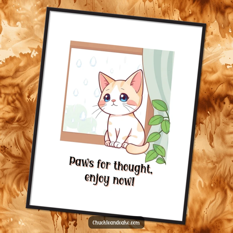 Funny Free Printable Wall Art: A Bobtail cat sits at a window, intently watching the falling raindrops.