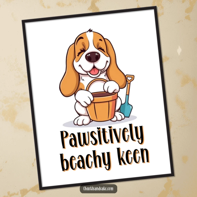 Funny Free Printable Wall Art: A Basset Hound winks mischievously, holding a bucket and spade, exuding beachy charm.