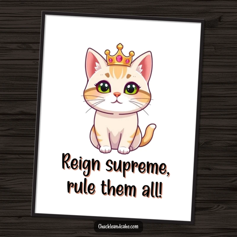 Funny Free Printable Wall Art: A proud Bobtail cat sits wearing a small, regal crown, looking utterly majestic.