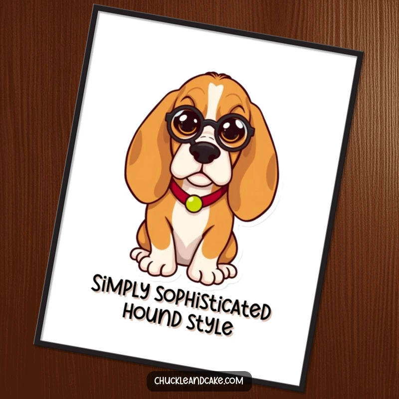 Sophisticated free printable wall art featuring a distinguished Basset Hound wearing a monocle, exuding elegance and playful humor.