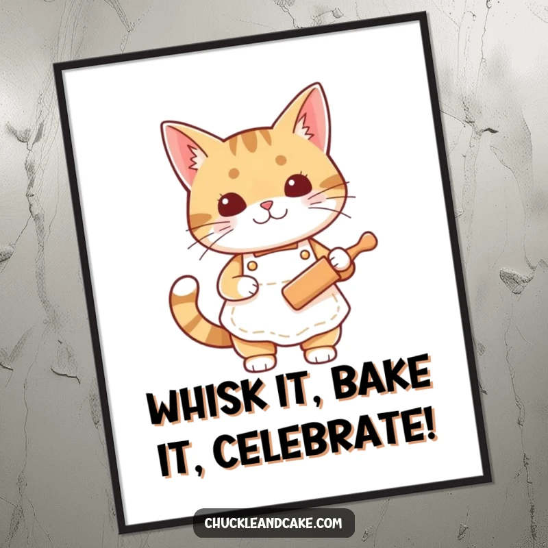 Free Printable Wall Art: A Bobtail cat in a tiny apron holds a small rolling pin, ready to cook.