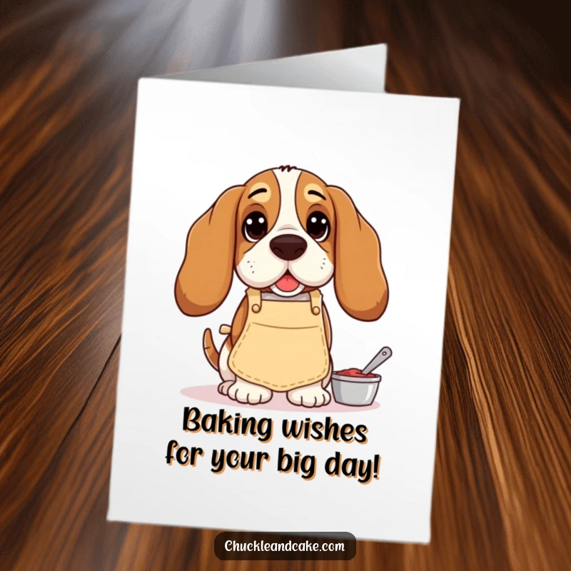 Funny free printable birthday card featuring a droopy-eared Basset Hound in an apron, joyfully baking with a sweet expression.