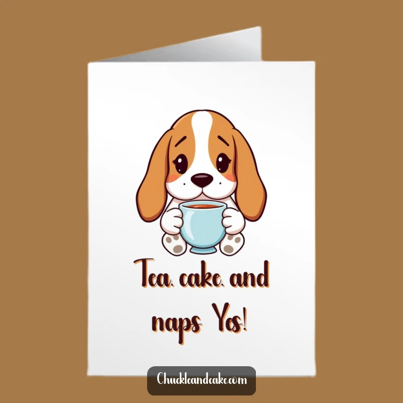 Free Printable Birthday Card: Basset Hound Tea Time - Funny Downloadable Gift